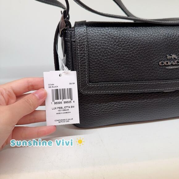 NWT Coach Etta Small Flap Shoulder Bag CCV64 Black Soft pebble leather - Picture 2 of 12